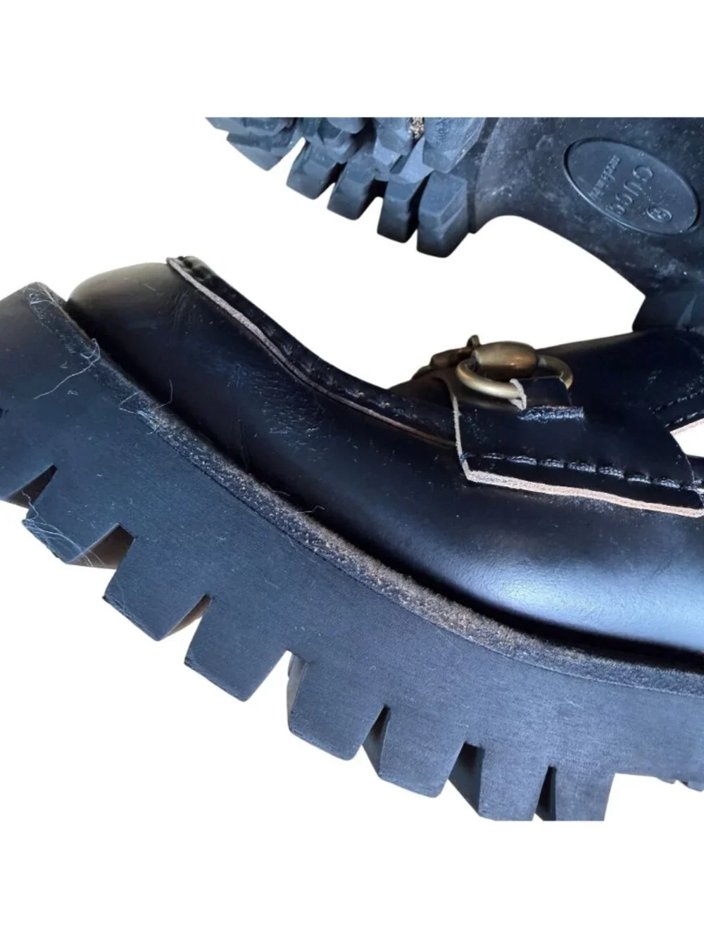 Gucci Cordovan Harald Black Leather Horsebit Lug Sole Loafers Size EU 37 US 7
